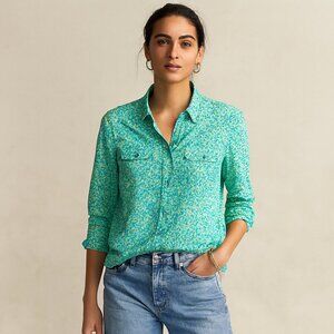 American Eagle Women's Sheer Floral Button Down Blouse Green Yellow Medium